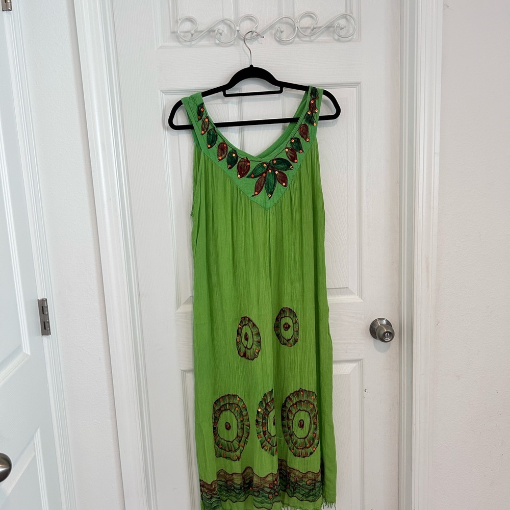California Breeze Boho Embellished Lime Green Maxi Dress. Size OS